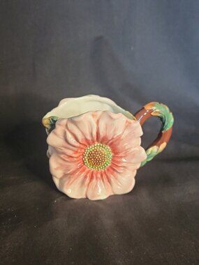 Vintage Floral Shaped Garden Creamer Pink Flower Branch Handle Planter or Vase
